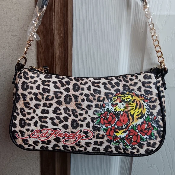 Y2k Ed Hardy Leopard Print Shoulder Bag New With Extra Strap For